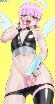 Rule 34 | 1boy, angel wings, artist name, black nails, black shorts, black thighhighs, blue eyes, blunt bangs, clothes pull, commentary, condom, condom on penis, english commentary, erection, fellatio gesture, halo, hand up, highres, jtveemo, male focus, navel, panty &amp; stocking with garterbelt, penis, pink hair, polyurethane (psg), raised eyebrows, short hair, shorts, shorts pull, single thighhigh, skindentation, solo, standing, testicles, thighhighs, thighs, twitter username, uncensored, wings