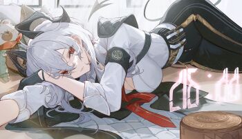 1girl ahoge armband black_armband black_gloves black_horns black_pants black_tail breasts cleavage closed_mouth commentary curled_horns demon_tail diggy_duggy_(wuthering_waves) feet_out_of_frame gloves grey_hair high-waist_pants highres horns indoors jacket kuroduki large_breasts long_hair looking_at_viewer lying necktie pants red_eyes red_necktie shirt shirt_tucked_in solo stuffed_animal stuffed_toy tail unworn_jacket white_shirt wuthering_waves zani_(wuthering_waves)