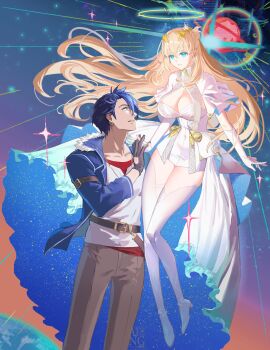 1boy 1girl absurdres agnes_claudel artist_logo black_gloves blonde_hair blue_eyes blue_hair breasts cleavage clothing_cutout collarbone commentary_request double-parted_bangs dress earrings eiyuu_densetsu elbow_gloves floating_hair full_body fur-trimmed_jacket fur_trim glove_cutout gloves hair_between_eyes hair_slicked_back halo high_heels highres jacket jewelry kai_no_kiseki kuro_no_kiseki_(series) large_breasts logo long_hair parted_lips senya8833 smile thighhighs van_arkride watermark white_dress white_gloves white_thighhighs