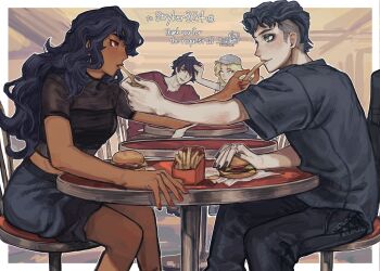 2boys 2girls absurdres areui_(stryker324) artist_name baseball_cap black_hair black_skirt blonde_hair blue_eyes burger commentary commission commissioner_name commissioner_upload dark_skin dating english_commentary eric_(stryker324) fast_food feeding food french_fries green_eyes hat highres long_hair messy_hair midriff multiple_boys multiple_girls mutual_feeding original red_eyes red_nails refia_(stryker324) scar scar_across_eye scar_on_face skeb_commission skirt tan tarou_(tarou_oz) thank_you vera_(stryker324)