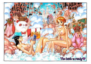 2girls bad_link bathing black_hair completely_nude cowboy_hat crown hat highres money_bag monkey multiple_girls nami_(one_piece) navel nico_robin nipples nude nude_filter oda_eiichirou one_piece onsen orange_hair panda pink_theme reading scan shoulder_tattoo sword tattoo third-party_edit treasure treasure_chest weapon