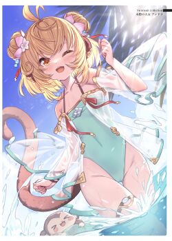 1girl absurdres ahoge andira_(granblue_fantasy) andira_(summer)_(granblue_fantasy) animal animal_ears blonde_hair blue_sky blush brown_eyes cloud cloudy_sky collarbone day double_bun fingernails flat_chest gold_trim granblue_fantasy hair_bun hair_ornament highleg highleg_one-piece_swimsuit highres innertube looking_at_viewer monkey monkey_ears one-piece_swimsuit open_mouth outdoors partially_submerged see-through_clothes simple_background sky smile solo sunlight swim_ring swimsuit tail teeth thighs upper_teeth_only wading water water_drop wet yellowpaint.