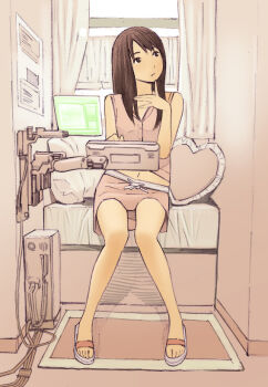 1girl barefoot_slippers bed black_eyes brown_hair buttons cable closed_mouth computer curtains dot_nose indoors knees_together_feet_apart long_hair looking_to_the_side midriff monitor navel original pink_shirt pink_skirt shirt skirt sleeveless sleeveless_shirt slice_of_life slippers solo swept_bangs window yoshitomi_akihito
