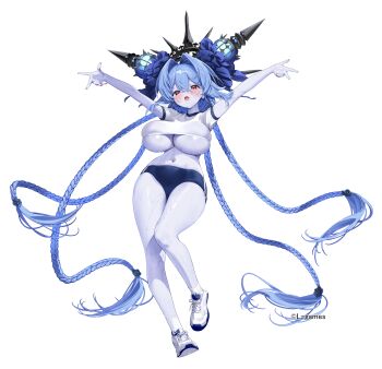 1girl absurdres aku_no_onna_kanbu:_perigee_new_moon arrow_(tamawo222) blue_eyes blush braid breasts character_request colored_skin gym_uniform hair_between_eyes hair_intakes highres knees_together_feet_apart large_breasts long_hair looking_at_viewer midriff navel official_art open_mouth outstretched_arms purple_skin red_eyes shirt shirt_overhang shoes simple_background sneakers solo spread_arms sweat underboob very_long_hair white_background white_shirt white_shoes