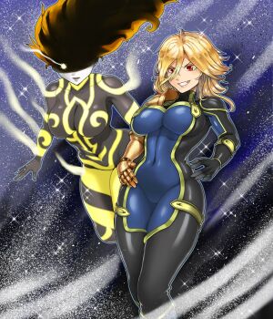 2girls aura blonde_hair bodysuit breasts curvy dimaria_yesta dio_brando energy evil_grin evil_smile fairy_tail glowing glowing_eyes grin hair_between_eyes hands_on_own_hip hands_on_own_hips highres jojo_no_kimyou_na_bouken large_breasts long_hair magic mechanical_arms multiple_girls navel power red_eyes short_hair sky smile source_request stand_(jojo) star_(sky) tagme the_golden_smurf thick_thighs thighs