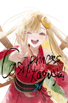 Rule 34 | 1girl, ;d, absurdres, animal ears, bare shoulders, black sash, blonde hair, cho kaguya-hime!, clothing cutout, commentary, copyright name, cowboy shot, crescent, crescent hair ornament, english text, fang xue jun, hair ornament, highres, japanese clothes, kaguya (cho kaguya-hime!), kimono, long hair, looking at viewer, lop rabbit ears, obi, obijime, one eye closed, open mouth, orange eyes, rabbit ears, rabbit girl, red kimono, sash, shoulder cutout, simple background, smile, solo, teeth, upper teeth only, v, very long hair, white background