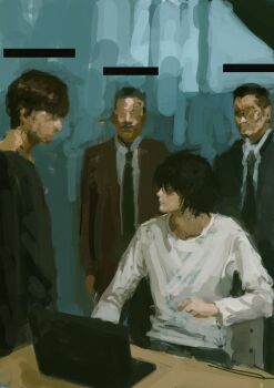 4boys black_jacket black_necktie black_shirt brown_hair brown_jacket chair character_request computer copyright_request death_note fuyumurasaki highres jacket l_(death_note) laptop looking_at_another male_focus multiple_boys necktie painterly shirt short_hair sitting table very_short_hair white_shirt