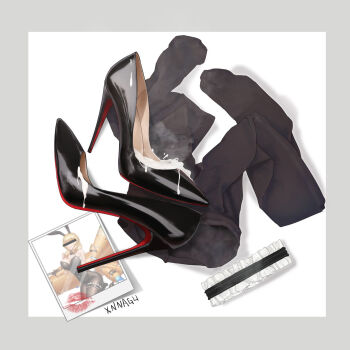 1girl aftersex animal_ears bar_censor black_footwear black_leotard black_pantyhose blonde_hair border breasts censored censored_identity cum cum_on_body cum_on_clothes cum_on_feet cumdrip fake_animal_ears frills grey_border high_heels highres id_card leotard no_humans outside_border pantyhose photo_(object) playboy_bunny rabbit_ears shoes simple_background smell stiletto_heels strapless strapless_leotard thighhighs unworn_clothes unworn_shoes unworn_thighhighs white_background xnnagu