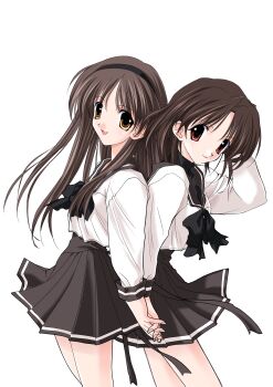 2girls absurdres black_hairband bow bowtie brown_hair hairband high-waist_skirt highres hizuki_ayaka holding_hands imasaka_yue long_hair memories_off memories_off_1 multiple_girls non-web_source official_art open_mouth sailor school_uniform short_hair skirt smile