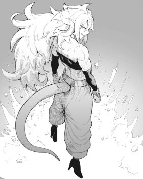 1girl absurdres android_21 arabian_clothes boots bracelet dragon_ball dragon_ball_fighterz dragonball_z highres jewelry long_hair looking_back majin_android_21 monochrome muscular muscular_arms muscular_back muscular_female pointy_ears smile speedl00ver spiked_hair tail white_hair