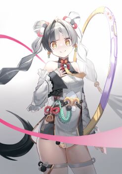 1girl absurdres bare_shoulders black_hair braid braided_twintails china_dress chinese_clothes commentary corded_phone detached_sleeves dialyn_(zenless_zone_zero) dress earrings hair_extensions hair_ornament highres jewelry long_hair multicolored_hair multicolored_nails necktie phone ring_hair_extensions solo split-color_hair symbol-only_commentary white_hair yellow_eyes zenless_zone_zero zifu_z