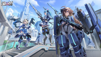 3girls absurdres ahoge armored_boots black_gloves blonde_hair blue_eyes blue_hair blue_skirt blue_sky bodysuit boots breasts brown_hair building cloud copyright_name day fingerless_gloves from_below gloves grey_bodysuit gun hair_between_eyes hand_on_own_hip headgear heterochromia hibiki_(starward) highres hikari_(starward) holding holding_gun holding_weapon jacket kaze_(starward) large_breasts logo long_hair looking_at_viewer mecha_musume mechanical_arms mechanical_legs medium_breasts multiple_girls official_art open_mouth outdoors pleated_skirt rifle science_fiction skirt sky skyscraper smile sniper_rifle standing starward thighhighs twintails weapon yellow_eyes
