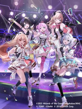 5girls :d ;d aqua_eyes asymmetrical_legwear back_bow black_hair black_horns blonde_hair blue_socks blue_thighhighs boots bow bow_skirt bowtie breasts commentary_request concert confetti cropped_shirt cross-laced_clothes crossed_bangs crowd crown demon_horns demon_tail demon_wings double-parted_bangs elf fold-over_boots frilled_shirt_collar frilled_thigh_strap frills full_body gloves glowstick gold_trim gradient_hair green_eyes grey_hair hair_between_eyes hair_bow hair_rings halter_shirt halterneck hat headset heterochromia high_ponytail highres himemori_luna hololive hololive_idol_uniform_(origin) horn_ornament horn_ring horns idol_clothes kneehighs large_bow large_breasts layered_skirt long_hair medium_hair mini_crown mini_hat mini_top_hat miniskirt multicolored_hair multiple_girls navel official_alternate_costume official_art one_eye_closed one_side_up onodera_nire oozora_subaru open_mouth penlight_(glowstick) pink_hair pink_thighhighs pleated_skirt pointy_ears ponytail purple_eyes purple_hair shiranui_flare shirogane_noel shirt short_hair sidelocks single_hair_ring single_kneehigh single_sock single_thighhigh skirt skirt_set sleeveless sleeveless_shirt smile socks stage streaked_hair swept_bangs tail teeth thigh_strap thighhighs tiara tilted_headwear top_hat uneven_legwear upper_teeth_only virtual_youtuber wavy_hair white_boots white_gloves white_hair white_shirt wings wrist_cuffs yuzuki_choco