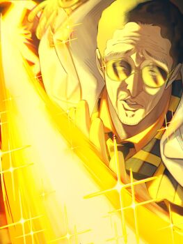 1boy black_hair coat coat_on_shoulders collared_shirt commentary facial_hair glasses highres incoming_attack jacket kizaru_(one_piece) light_particles lips looking_at_viewer male_focus necktie one_piece parted_lips shirt short_hair solo sparkle suit_jacket upper_body white_coat yorumesi_j