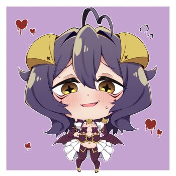 Rule 34 | 1girl, ahoge, black hair, black pants, blush, chibi, chibi only, cross-shaped pupils, demon horns, fang, hair between eyes, heart, heart ahoge, highres, horns, huge ahoge, magia baiser, magical girl, mahou shoujo ni akogarete, navel, open mouth, pants, pasties, shrug (clothing), smirk, star (symbol), star pasties, sweat, symbol-shaped pupils, tongue, tro illust0821, yellow eyes