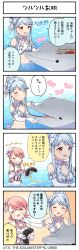4koma absurdres alternate_hair_color bikini blue_hair closed_eyes comic dolphin elbow_gloves english_text futami_ami gloves hat highres idolmaster idolmaster_million_live! idolmaster_million_live!_theater_days japanese_text mini_hat navel official_art pink_hair red_eyes sea_cucumber swimsuit tenkuubashi_tomoka translation_request water white_gloves