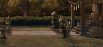 architecture box bush donation_box east_asian_architecture game_cg hakurei_shrine komainu no_humans non-web_source official_art outdoors path road rope scenery shide shimenawa shrine stairs stone_lantern touhou touhou_gensou_eclipse tree twilight