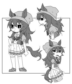 1girl animal_ears beanie beer_hsk bow commentary_request cropped_legs cropped_torso ears_through_headwear hair_between_eyes hat horse_ears horse_girl horse_tail long_hair mouth_hold multiple_views nakayama_festa_(umamusume) parted_lips pleated_skirt puffy_short_sleeves puffy_sleeves school_uniform shirt shoes short_sleeves skirt tail thighhighs tracen_school_uniform umamusume very_long_hair