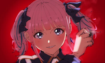 1girl animal_ears commentary_request girls_band_cry grey_eyes highres hina_(girls_band_cry) holding holding_plectrum long_hair long_sleeves medium_hair multicolored_hair open_mouth pink_hair plectrum red_background short_twintails solo streaked_hair tsuyudashimirin twintails