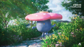 3d artist_name blue_sky celebi350300687 character_name cinema_4d_(medium) closed_mouth cloud commentary day flower full_body gen_1_pokemon grass highres nintendo no_humans outdoors petals pokedex_number pokemon pokemon_(creature) pokemon_focus sky smile solid_circle_eyes solo tree vileplume
