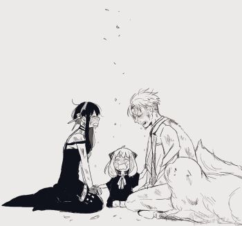 Rule 34 | 1boy, 2girls, 646nacho, anya (spy x family), black hair, bond (spy x family), bruise, crying, dog, family, greyscale, hand grab, highres, injury, kneeling, monochrome, multiple girls, simple background, spy x family, step-parent and step-child, twilight (spy x family), yor briar