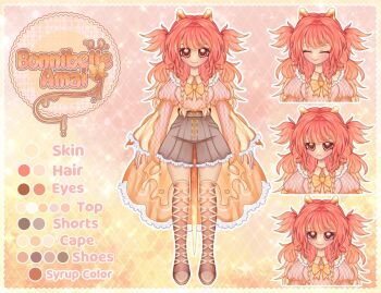 1girl angry antennae blush bonnibelle bonnibelle_amai braid cape chest_bow commentary crying english_commentary english_text indie_virtual_youtuber low_twin_braids manta_ray_girl manta_ray_tail multiple_expressions official_art orange_eyes orange_hair patterned_background patterned_clothing reference_sheet shorts smile solo twin_braids virtual_youtuber