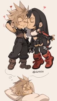 1boy 1girl 4k1030 absurdres arm_behind_head baggy_pants bare_shoulders black_gloves black_hair black_skirt black_thighhighs blonde_hair blush boots brown_boots closed_eyes closed_mouth cloud_strife couple crop_top earrings final_fantasy final_fantasy_vii final_fantasy_vii_rebirth final_fantasy_vii_remake fingerless_gloves full_body gloves heart highres holding_hands imagining jewelry kiss kissing_cheek long_hair low-tied_long_hair lying miniskirt on_back open_mouth pants pillow pleated_skirt red_boots short_hair simple_background single_arm_guard single_earring skirt sleeping sleeveless sleeveless_turtleneck smile spiked_hair standing sweater tank_top thighhighs tifa_lockhart turtleneck turtleneck_sweater twitter_username under_covers white_tank_top zettai_ryouiki