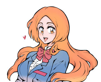 1girl 2025 alternate_eye_color bleach bow breasts darkwolf1667 female_focus happy highres inoue_orihime jacket karakura_high_school_uniform large_breasts long_hair looking_at_viewer open_mouth orange_hair parted_bangs red_bow school_uniform simple_background upper_body white_background