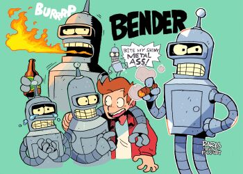 absurdres alcohol arm_on_another's_shoulder beer_bottle bender_bending_rodriguez breath_weapon breathing_fire burp catchphrase cigar crying crying_with_eyes_open english_text fire bad_tag futurama highres holding holding_cigar humanoid_robot jacket looking_at_viewer multiple_boys open_mouth orange_hair philip_j_fry profanity rariatto_(ganguri) robot shirt short_hair simple_background smile smoke smoking sound_effects speech_bubble standing tears