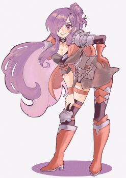 1girl armor boots breasts chimney_(chimney0311) cleavage closed_mouth commentary female_shez_(fire_emblem) fire_emblem fire_emblem:_three_houses fire_emblem_warriors:_three_hopes floating_hair full_body gloves hair_over_one_eye highres large_breasts leaning_forward long_hair nintendo orange_boots orange_gloves purple_eyes purple_hair simple_background single_glove smile solo standing very_long_hair white_background