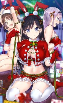 3girls akino_sakura_(oresuki) bikini black_hair box breasts brown_eyes brown_hair buriki capelet christmas christmas_ornaments christmas_tree cleavage costume dress fur-trimmed_dress fur_trim gift gift_box gloves hat highres hinata_aoi key_visual large_breasts long_hair merry_christmas multiple_girls official_art ore_wo_suki_nano_wa_omae_dake_ka_yo promotional_art purple_eyes purple_hair red_capelet red_gloves red_headwear sanshokuin_sumireko santa_bikini santa_costume santa_hat short_hair swimsuit