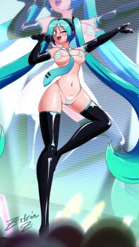1girl artist_name belly blue_hair bra breasts collar concert gloves hair_ornament hatsune_miku headband highres long_hair medium_breasts microphone music necktie one_eye_closed screen singing skindentation thighhighs thong aqua_eyes twintails underwear very_long_hair vocaloid wink zedrin