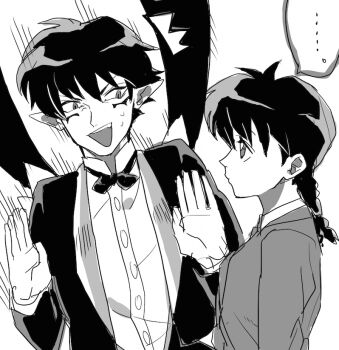 Rule 34 | 1boy, 1girl, braid, flinch, formal clothes, greyscale, kyoukai no rinne, long hair, looking at another, low twin braids, mame moyashi, mamiya sakura, masato (kyoukai no rinne), monochrome, pointy ears, school uniform, short hair, simple background, suit, twin braids, white background, wings