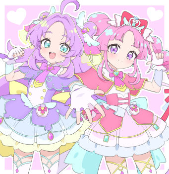 Rule 34 | 2girls, :d, ahoge, akechi anna, aqua eyes, aqua trim, back bow, bare shoulders, blue bow, blunt bangs, blush, border, bow, braid, brooch, buttons, capelet, clenched hand, closed mouth, commentary, cowboy shot, cure answer, cure mystique, curtained hair, double-breasted, double bun, dress, earrings, finger gun, fingerless gloves, glove bow, gloves, gold buttons, gold trim, gradient background, hair bow, hair bun, hair flaps, hair intakes, hair ornament, hand on own hip, hand up, heart, heart background, heart brooch, heart in eye, highres, impossible hair, index finger raised, jewelry, kobayashi mikuru, layered dress, long hair, looking at viewer, magical girl, medium dress, meitantei precure!, multiple girls, nisan ga6, open hand, open mouth, outstretched arm, outstretched hand, pact holder, parted bangs, pink background, pink bow, pink capelet, pink dress, pink hair, pleated dress, pouch, precure, purple background, purple capelet, purple dress, purple eyes, purple hair, red bow, side-by-side, sidelocks, smile, split mouth, standing, symbol in eye, teeth, thick eyebrows, thighhighs, twin braids, two-tone background, upper teeth only, very long hair, white border, white gloves, white thighhighs, wing hair ornament, yellow bow