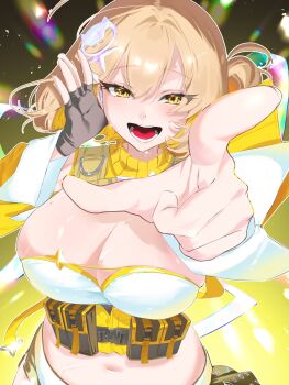 1girl anis_(nikke) black_gloves breasts brown_hair cleavage commentary_request fingerless_gloves gloves goddess_of_victory:_nikke highres huge_breasts idol idol_clothes navel official_alternate_costume official_alternate_design open_mouth plump sakael solo yellow_eyes