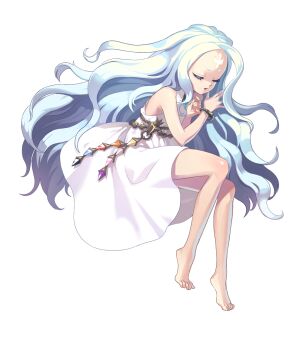 1girl bare_arms bare_shoulders barefoot blue_gemstone blue_hair bracelet ceres_(tales_weaver) closed_eyes commentary_request dress facial_mark fetal_position forehead forehead_mark full_body gem gold_bracelet jewelry knee_blush korean_commentary long_hair lying nexon official_art on_side open_mouth parted_bangs parted_hair pink_gemstone purple_gemstone red_gemstone sang_ah_yoon short_eyebrows simple_background sleeping sleeveless sleeveless_dress solo tales_weaver thick_eyebrows toes transparent_background very_long_hair wavy_hair white_dress yellow_gemstone