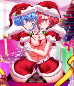 2019 2girls artist_name ass belly-to-belly belt bikini black_thighhighs blue_eyes blue_hair blunt_bangs blunt_ends blurry blurry_background blush bow bowtie box breast_press breasts cardigan christmas christmas_tree christmas_tree_hair_ornament colored_inner_hair commentary cowboy_shot cropped_sweater earrings english_commentary english_text enma_(enmanuelart) eyelashes flower gift gift_box gloves green_bow green_bowtie hair_between_eyes hair_ornament half_gloves hand_to_hand hat hat_flower hat_ornament highres hood hood_down hooded_sweater hug in_box in_container indoors jewelry looking_at_viewer medium_breasts merry_christmas miniskirt multicolored_hair multiple_girls open_cardigan open_clothes pink_eyes ram_(re:zero) re:zero_kara_hajimeru_isekai_seikatsu red_bikini red_flower red_hair red_hat red_rose red_skirt red_sweater rem_(re:zero) ribbon rose santa_costume santa_hat shiny_skin short_hair sitting skindentation skirt smile snowflake_hair_ornament snowing star_(symbol) star_hat_ornament stuffed_animal stuffed_toy sweater swimsuit teddy_bear thighhighs two-tone_hair white_belt white_gloves window yellow_ribbon yuri