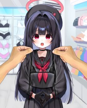 1boy 1girl absurdres beret bikini black_bikini black_choker black_gloves black_hair black_hat black_serafuku black_shirt black_skirt blue_archive center-flap_bangs choker collarbone cropped_shirt furrowed_brow gloves hair_intakes halo hat high-waist_skirt highres holding holding_swimsuit holding_unworn_clothes hyurumari indoors justice_task_force_member_(blue_archive) loli long_hair looking_at_viewer neckerchief open_mouth pleated_skirt pov pov_hands red_eyes red_halo red_neckerchief school_uniform serafuku shirt shop skirt steepled_fingers sweatdrop swimsuit tareme teeth unworn_bikini unworn_swimsuit upper_teeth_only