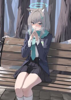 1girl animal_ear_fluff animal_ears aqua_scarf bench black_skirt blue_archive blue_eyes blue_halo blue_jacket breath commentary cross cross_hair_ornament extra_ears feet_out_of_frame grey_hair hair_ornament halo highres id_card inverted_cross jacket kneehighs korean_commentary long_sleeves looking_at_viewer mata_tab1 medium_hair mismatched_pupils outdoors park_bench parted_lips pleated_skirt scarf school_uniform shiroko_(blue_archive) shirt sitting skirt snow socks solo steepled_fingers tree white_shirt white_socks wolf_ears