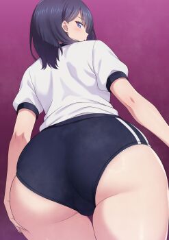1girl :o absurdres alternate_costume ass ass_focus black_buruma black_hair blue_eyes buruma commentary_request from_behind from_below gridman_universe gym_shirt gym_uniform highres huge_ass looking_at_viewer looking_back medium_hair mibushiro panties panties_under_buruma panty_peek parted_lips puffy_short_sleeves puffy_sleeves purple_background shirt short_sleeves simple_background solo ssss.gridman standing steaming_body takarada_rikka thick_thighs thighs underwear white_panties