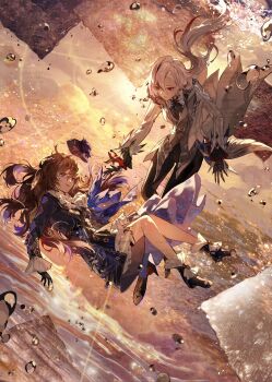 2girls absurdres arlecchino_(genshin_impact) arm_up artist_self-insert black_gloves black_pants blue_dress blue_eyes chinese_commentary closed_mouth collared_jacket commission commissioner_insert couple dress feathers floating floating_hair frilled_dress frilled_sleeves frills from_side genshin_impact glint gloves grey_hair grey_jacket hair_between_eyes hair_floating_upwards hat highres inaterayukiha jacket knees_together_feet_apart light_smile long_hair long_sleeves looking_at_another looking_down looking_to_the_side looking_up multicolored_hair multiple_girls oc_x_canon original outdoors pants pink_lips purple_feathers reaching reaching_towards_another red_eyes red_hair red_lips red_pupils reflection ripples streaked_hair suit_jacket sun water wavy_hair yuri