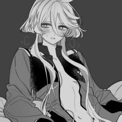 Rule 34 | 1girl, asticassia school uniform, blush, breasts, breath, closed mouth, commentary request, greyscale, gundam, gundam suisei no majo, jacket, korean commentary, medium breasts, miorine rembran, monochrome, myong8 0, navel, open clothes, open jacket, parted lips, school uniform, solo, upper body
