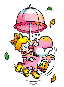 2girls absurdres afterimage baby_peach blonde_hair blue_eyes boots clenched_teeth closed_eyes colored_skin crown highres leaf mario_(series) motion_lines multiple_girls nakagawa_yasuhisa nintendo official_art pacifier parasol pink_skin pink_umbrella pink_yoshi princess_peach short_hair simple_background teeth third-party_source umbrella white_background yellow_boots yoshi yoshi&#039;s_island_ds