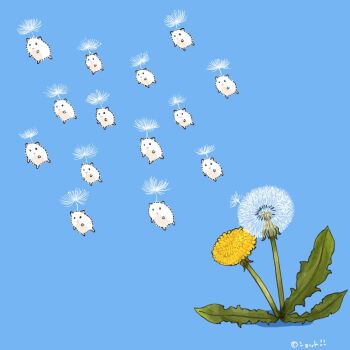 animal animal_focus blue_background commentary_request dandelion dandelion_seed flower hamster no_humans original plant simple_background upiupisyo
