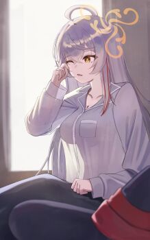 1girl absurdres alternate_hairstyle blue_archive breasts cleavage collarbone commentary_request eri_(blue_archive) hair_between_eyes hakotheboxxx halo hat highres indoors large_breasts long_hair long_sleeves multicolored_hair open_mouth orange_halo red_hair rubbing_eyes straight_hair streaked_hair tilted_halo very_long_hair white_hair witch_hat