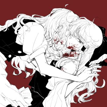 2girls apron ascot blood blood_on_face bow chinese_commentary closed_mouth commentary_request detached_sleeves fangs frilled_bow frilled_hair_tubes frills hair_bow hair_tubes hakurei_reimu highres hitte5416 holding_hands interlocked_fingers kirisame_marisa long_hair monsterification multiple_girls no_headwear puffy_short_sleeves puffy_sleeves red_background short_sleeves touhou vampire vest waist_apron yuri