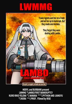 1girl absurdres aprf aqua_eyes belt brown_shorts character_name closed_mouth collared_shirt commentary cowboy_shot english_commentary english_text girls&#039;_frontline girls&#039;_frontline_neural_cloud gradient_hair grey_hair hair_between_eyes hairband highres holding holding_cannon holding_weapon id_card lam_(neural_cloud) long_hair long_sleeves looking_at_viewer lwmmg_(girls&#039;_frontline) movie_poster multicolored_hair necktie pink_hair rambo shirt shorts solo thighs twintails weapon