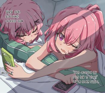 absurdres amaori_haruna amaori_renako blanket cellphone closed_eyes hair_ornament highres holding holding_phone korean_text krill55 lying one_eye_closed phone pink_hair ponytail siblings sisters smartphone translation_request watashi_ga_koibito_ni_nareru_wake_naijan_murimuri!