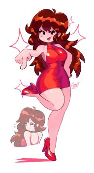 1girl absurdres artist_name bare_shoulders breasts brown_hair commentary dress friday_night_funkin' full_body girlfriend_(friday_night_funkin') highres jamoart large_breasts looking_at_viewer looking_back multiple_views one_eye_closed open_mouth red_dress sleeveless sleeveless_dress smile solo standing standing_on_one_leg