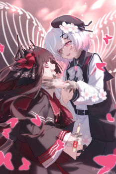 Rule 34 | 2girls, absurdres, belt, beret, black belt, black capelet, black hair, black hat, black horns, black shirt, black skirt, bug, butterfly, capelet, colored extremities, commentary request, cowboy shot, cracked skin, crown, dark persona, extra eyes, extra horns, eye contact, flower, gradient hair, hair flower, hair ornament, hat, highres, holding, holding pen, horns, insect, long hair, long sleeves, looking at another, mahou shoujo no majo saiban, morima hinata, multicolored hair, multiple girls, necktie, nikaido hiro, open mouth, pen, pink eyes, profile, red butterfly, red eyes, red flower, red necktie, sakuraba ema, shirt, short hair, skeletal wings, skirt, smile, spoilers, standing, white flower, white hair, wings, witch (manosaba), x hair ornament